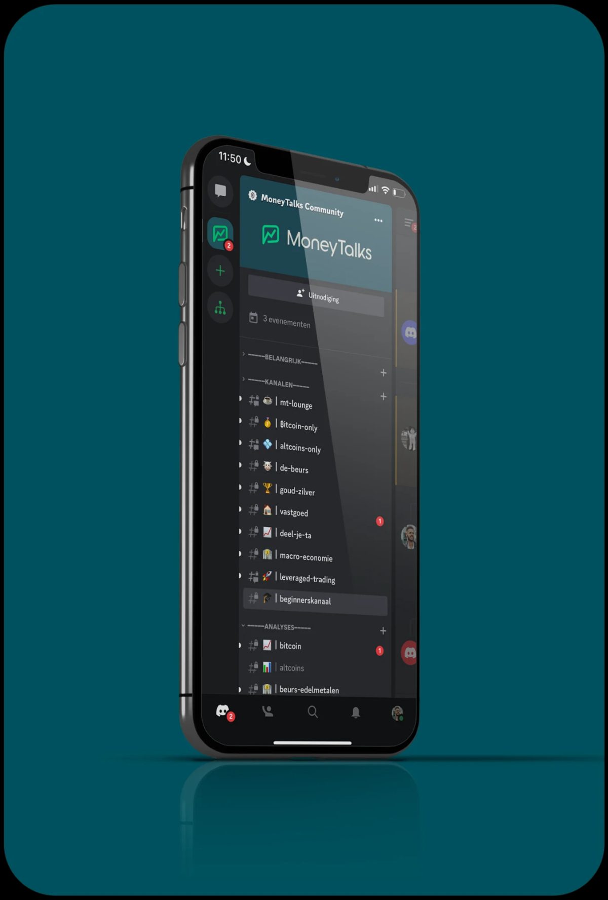 MoneyTalks community Discord-server met kanalen voor Bitcoin, altcoins en trading op smartphone