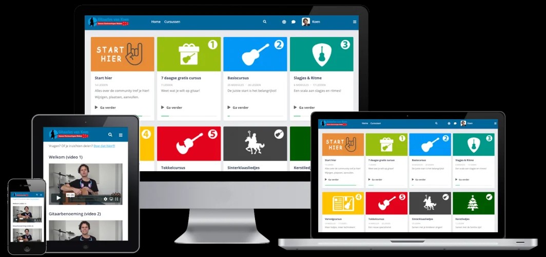 Gitaarles van Koen cursusplatform op desktop, tablet en mobiel