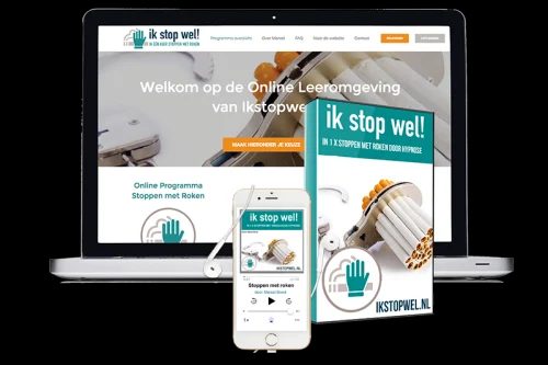 Ik Stop Wel online leeromgeving laptop mobiel en boek stoppen met roken hypnose