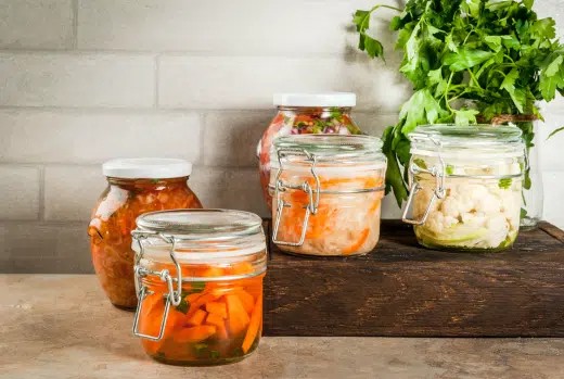 Vier glazen potten met gefermenteerde groenten – leren fermenteren thuis